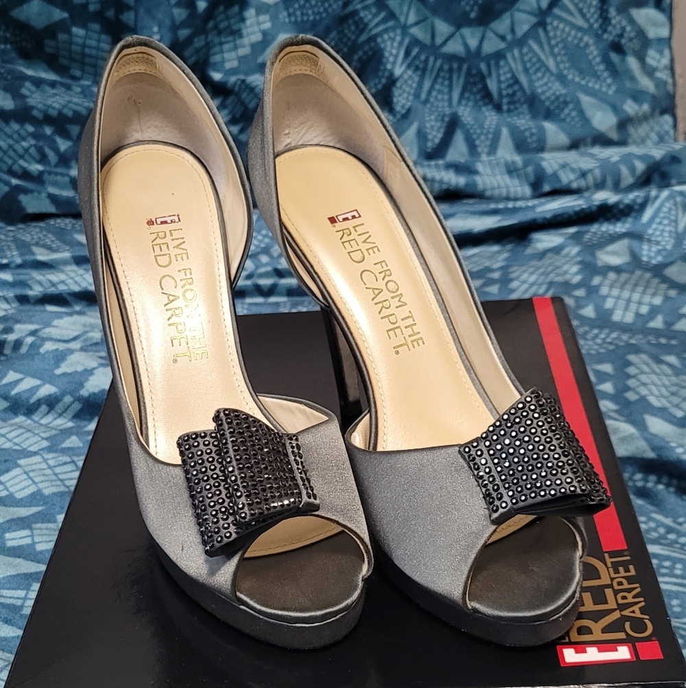 Women's Carbon/Charcoal Peep-Toe Heels with Embellished Bow